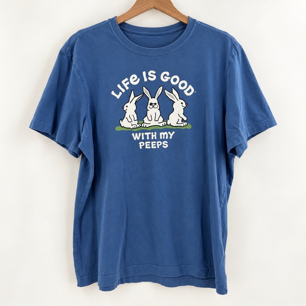 Life is Good Gorpcore Rabbit Graphic Tee Women Size L Blue Bunny Peeps Casual